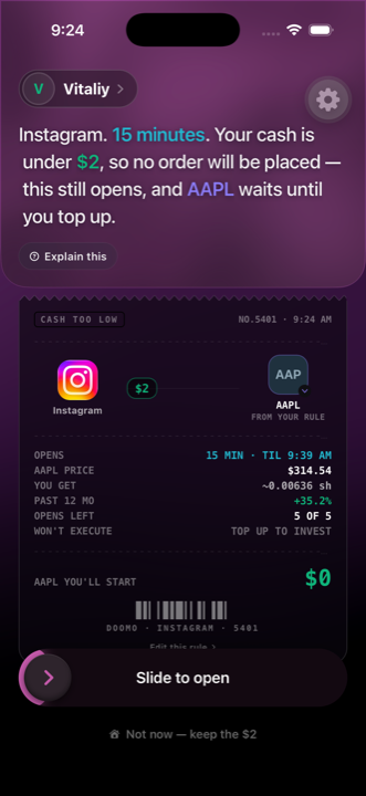Doomo's unlock screen when the brokerage cash balance is short: 'Your cash is under $2, so no order will be placed — this still opens, and AAPL waits until you top up.' The receipt is stamped CASH TOO LOW.