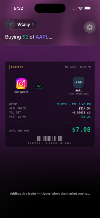 Doomo placing an after-hours order, with the line 'Adding this trade — it buys when the market opens…'