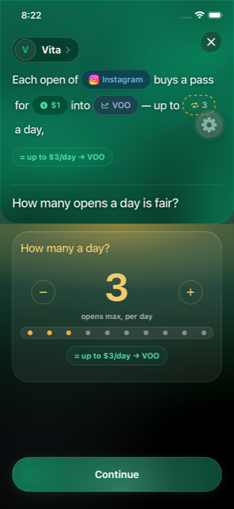 The Doomo rule builder on iPhone, mid-sentence: 'Each open of Instagram buys a pass for $1 into VOO — up to 3 a day,' with the next question, 'How many opens a day is fair?', and a dial set to 3.