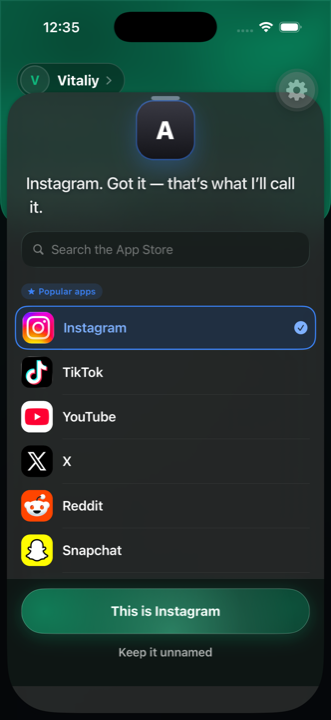 Doomo asking which app the shielded token belongs to, with Instagram selected from a shelf of popular apps and a 'This is Instagram' button.